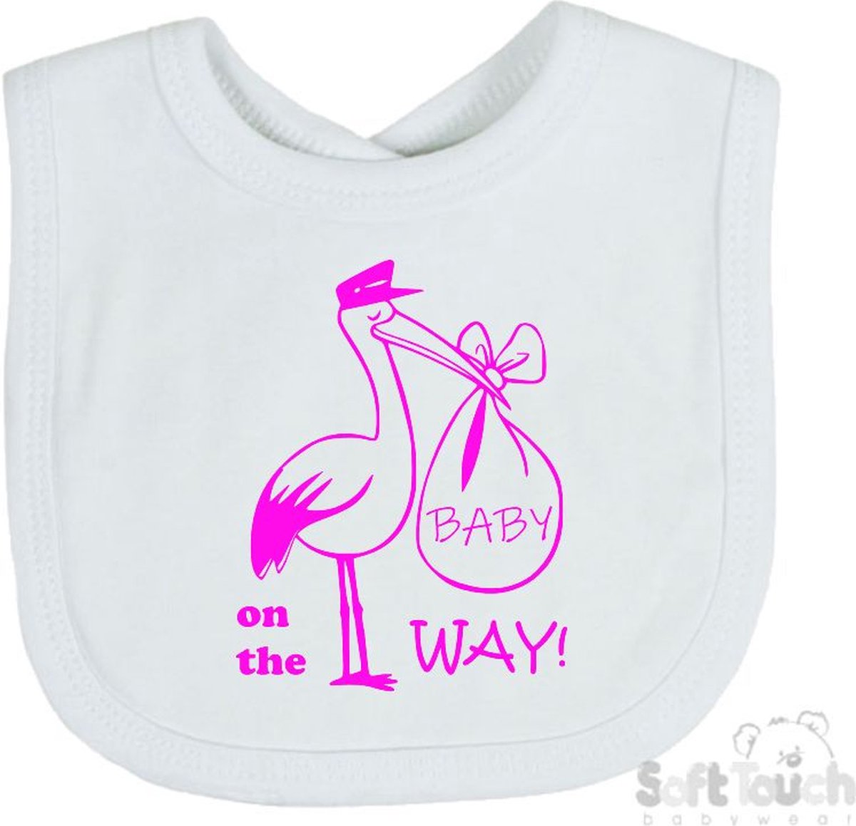 Goedkoopste Soft Touch Slabber Slabbetje Slab Zwangerschap Aankondiging 2.0 Baby on the way ! 2.0 Ooievaar Unisex Katoen Wit/fluor pink Maat 33x22 Cm