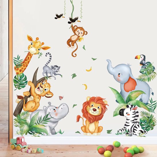 Jungle Dieren Muurstickers Safari Dier Olifant Giraffe Leeuw Aap Schil en Stok Muurstickers Voor Kinderen Slaapkamer Baby Nursery Deur Decor