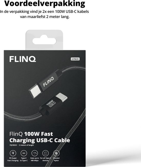 FlinQ - 2x USB C naar USB C Kabel 100W - Snellader voor Smartphone, Tablet - Zowel Datakabel als Oplader - 2 Meter Lange Nylon Oplaadkabel