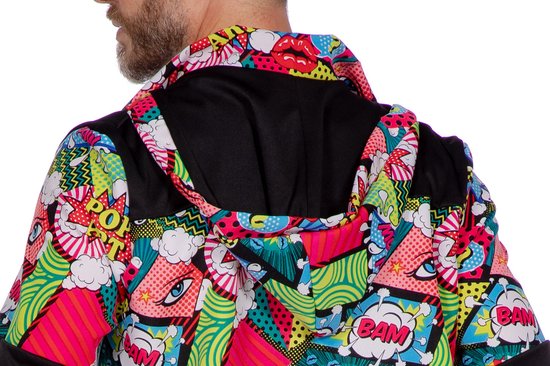 Achterkant trainingsjack met pop-art print van ogen, lippen, explosies, zwart en groen.