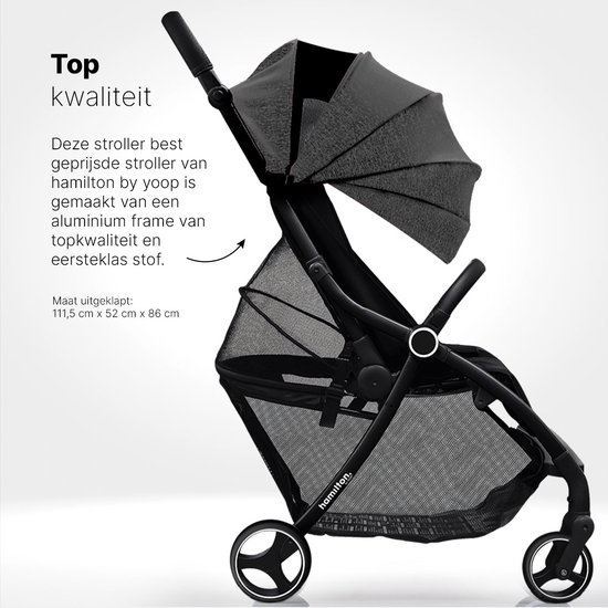 Donkergrijze hamilton buggy met opengeklapte zonnekap en aluminium frame.