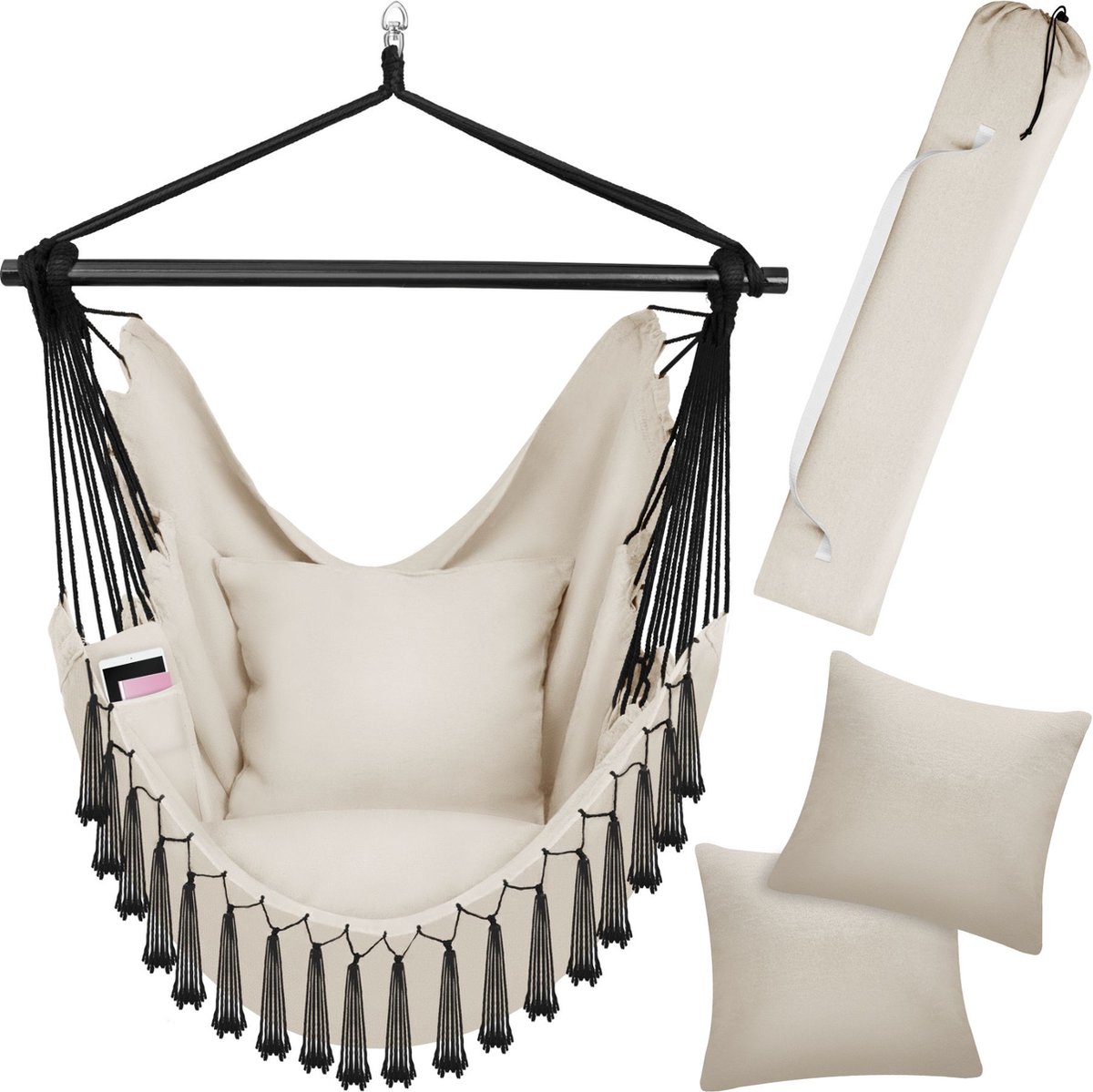 Bol.com tectake® Hangstoel voor binnen of buiten - Weerbestendig - Met tabletvak en bekerhouder - Macramé schommel voor balkon e... aanbieding