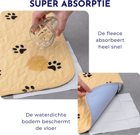 Demonstratie van de absorptie van een gele fleece liner met pootjesprint.
