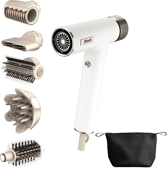 Witte Shark haardroger met diverse opzetstukken: diffuser, concentrator, borstel en stylingroller. Inclusief zwarte tas.
