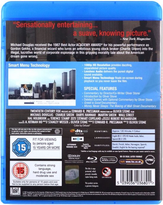 Achterkant Blu-ray van Wall Street, met tekst over de film, speciale functies en ratings.