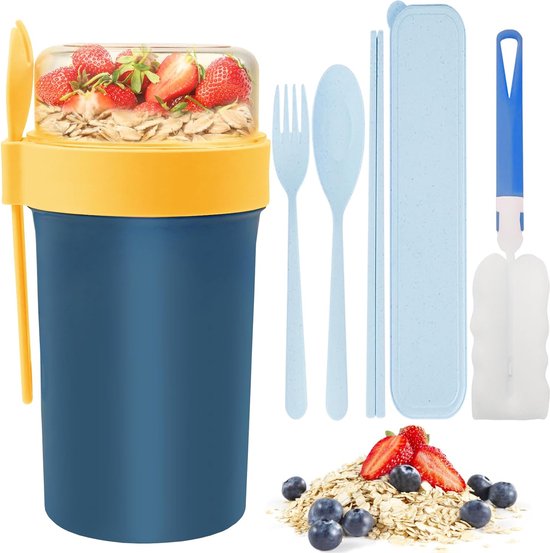 Gobelet à Soupe Micro-ondes 600ml Acier Inoxydable Avec Couvercle Et Cuillère - Portable Anti-Fuite Gobelet Inox 600 Ml Bleu