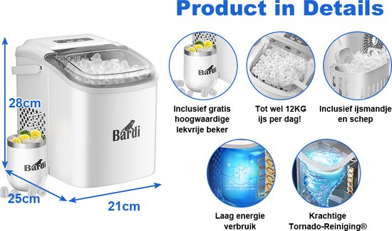 Gedetailleerde informatie over de witte Bardi ijsblokjesmachine, met afmetingen en accessoires.