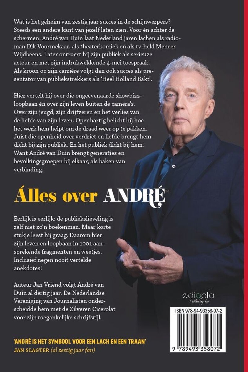 Oudere man met lichtgrijze haren, kijkend naar de camera. Een deel van de tekst is 'Alles over André'. ISBN nummer zichtbaar.