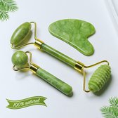 Jade Roller en Gua Sha Steen 4 in 1 Set - 100% Premium Natuurlijke Jade - Gezichtsmassage - Gezichtsroller - Gua Sha Schraper - Cadeau voor Haar - Beauty - Groen