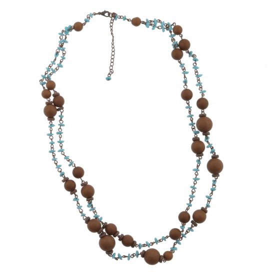 Collier Behave - sautoir - marron - bleu - collier de perles - 2 couches - 65 cm