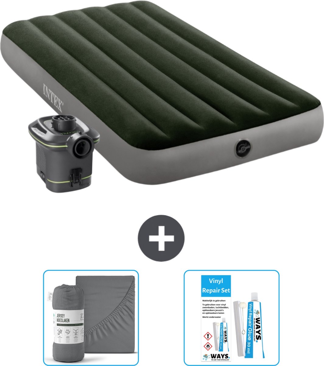 Intex Luchtbed - 1-Persoons - 99 x 191 x 25 cm - Groen - Inclusief pomp - Hoeslaken en Reparatieset