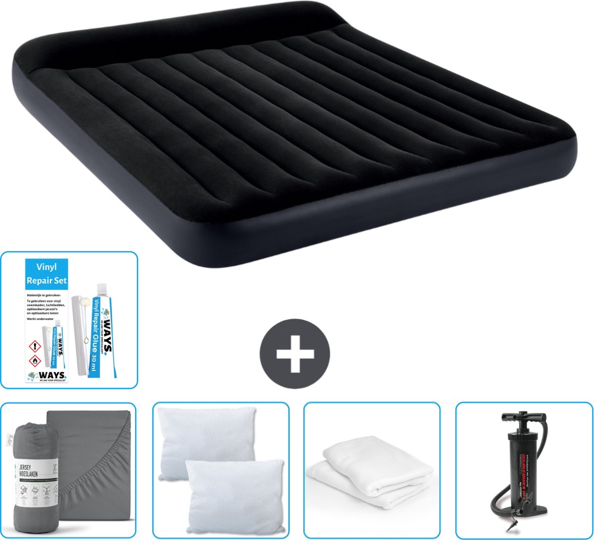 Intex Luchtbed - 2-Persoons - 183 x 203 x 25 cm - Donkerblauw - Inclusief Hoeslaken - Kussen - Pomp - Reparatieset en Kussenbeschermer
