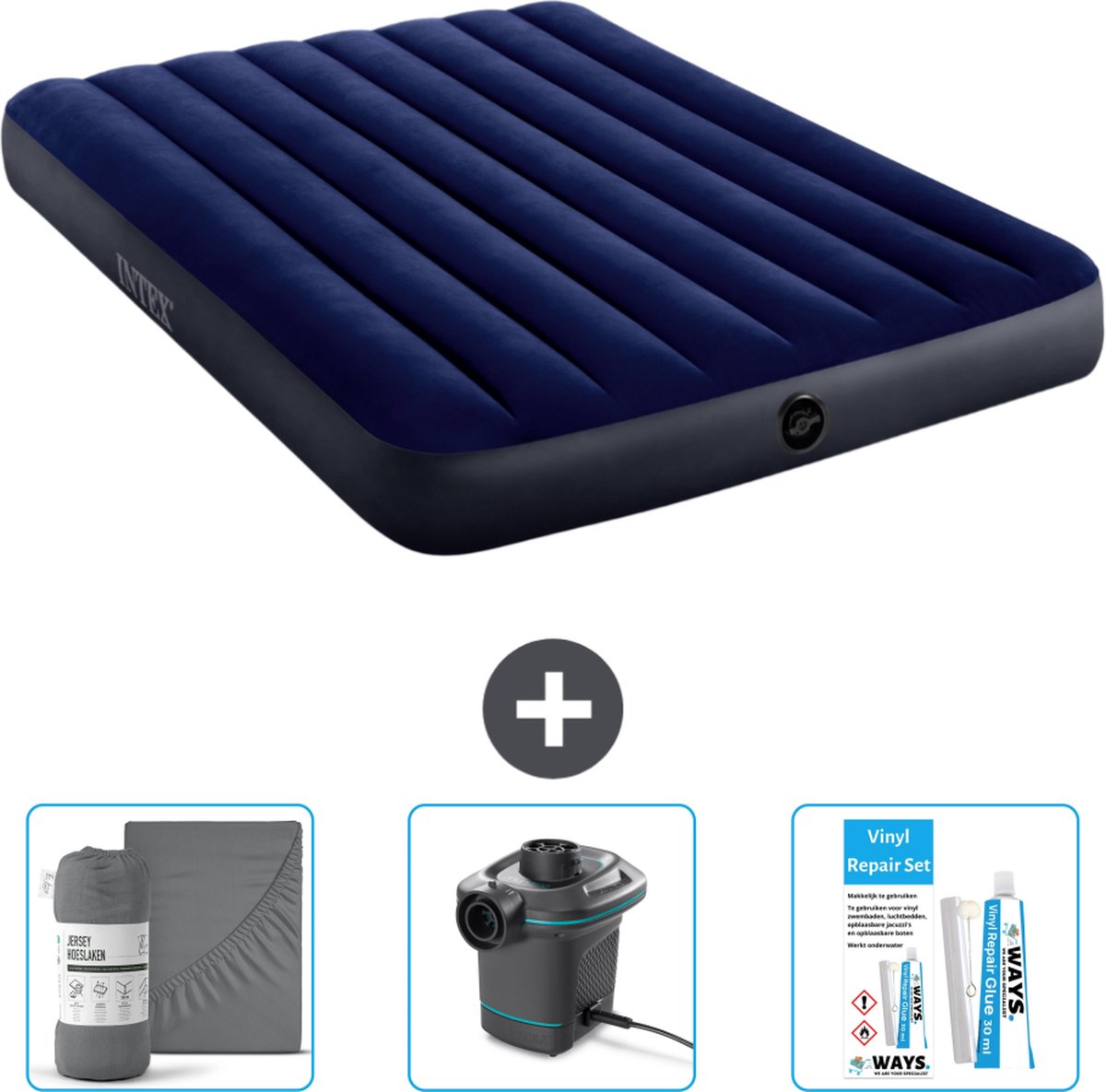 Intex Luchtbed - Twijfelaar - 137 x 191 x 25 cm - Blauw - Inclusief Hoeslaken - Pomp en Reparatieset