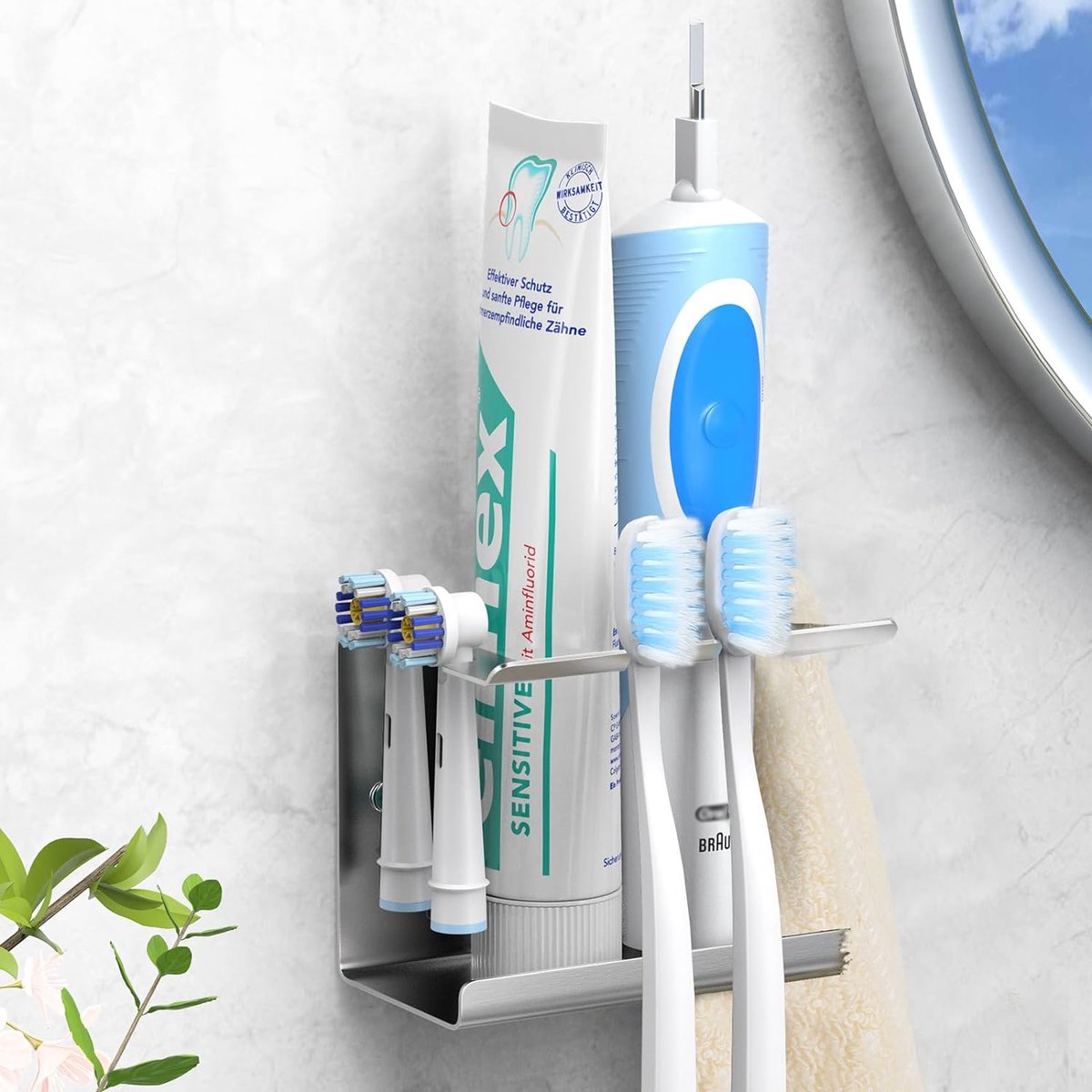Support Mural 6 Places Brosse à Dents Électrique - Acier Inoxydable Avec Base Absorbante - Noir