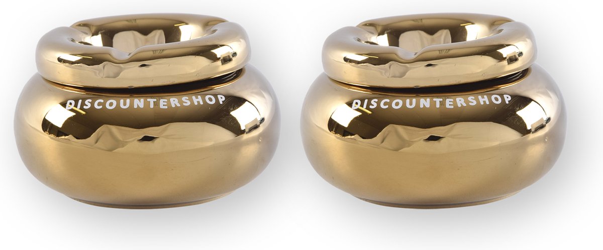Goedkoopste Discountershop Set van 2 Terras Asbakken - Dolomiet - Goudkleurig - Diameter 11cm Hoogte 6cm – Stijvolle Tafelaccessoires voor Binnen & Buiten