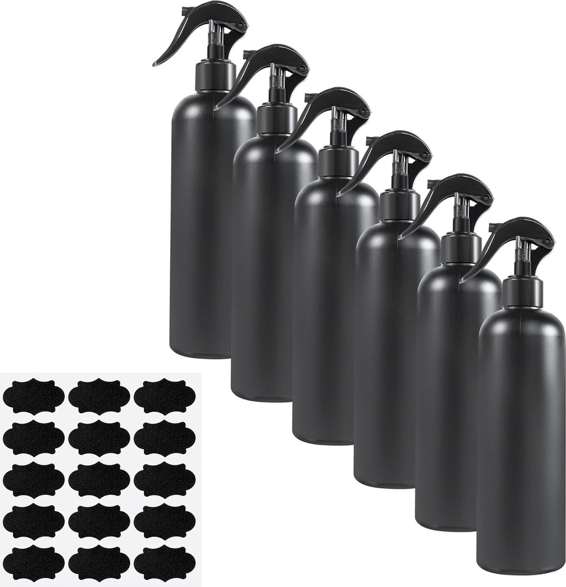 Image of 6 stuks spuitflessen 500 ml lege spuitflessen PET zwart met beschrijfbare labels voor planten, bloemen, huishouden, tuin, kapsalon