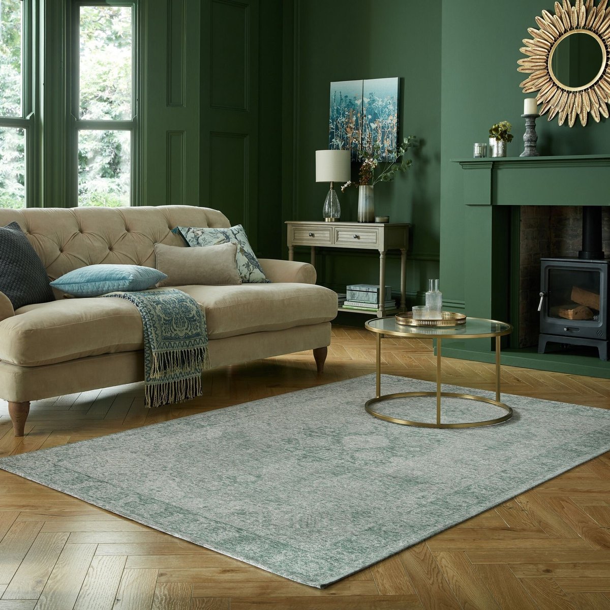Flycarpets Vintage Vloerkleed - Antique Traditioneel - Laagpolig - Medaillon - Groen - 120x170 cm