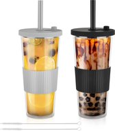 Drinkbeker met deksel en rietje 730 ml, set van 2 kopjes met deksel en rietje Beker to Go met rietje Bubble Tea-beker met rietje Smoothiebeker voor koffie, fruitthee