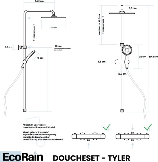 Technische tekening van douchesysteem met afmetingen in cm. Met ronde regendouchekop en handdouche.