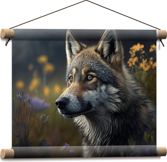 Textielposter - Wolf - Dier - Bloemen - Kleuren - 40x30 cm Foto op Textiel
