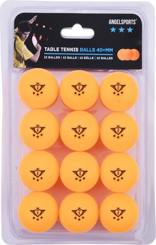 Verpakking met 12 oranje tafeltennisballen, 40 mm, met zwart logo. Man met bat op de voorkant.