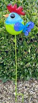 Metalen deco tuinsteker "haan" - groen + meerkleurig - hoogte 90 x 24 x 2 cm - Tuinaccessoires - Tuindecoratie – Tuinstekers