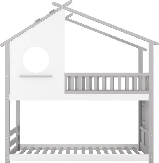 Merax Stapelbed 90x200 cm - Kinderbed met Raam - Huisbed - Bed met Valbeveiliging - Wit met Grijs