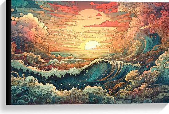 Canvas - Schilderij - Oceaan - Zee - Golven - Zonsondergang - Wolken - Kleuren - 60x40 cm Foto op Canvas Schilderij (Wanddecoratie op Canvas)