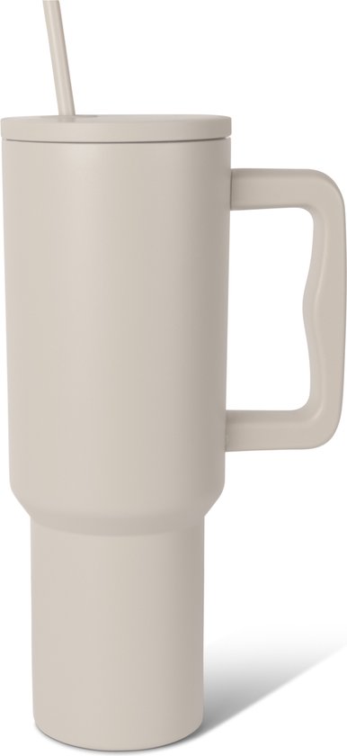 Basic at Home ™ - Beige - Premium Drinkbeker Met Rietje - Volledig In 1 Kleur - Almond birch - Tumbler met Handvat - Bottle - Cup With Straw - Thermosbeker - Drinkfles to go - 1.2 Liter - RVS - Thermoskan - Travel mug