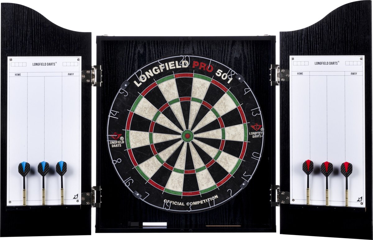 Longfield Darts- Houten dartkabinet zwart met dartbord en 6 Pijlen