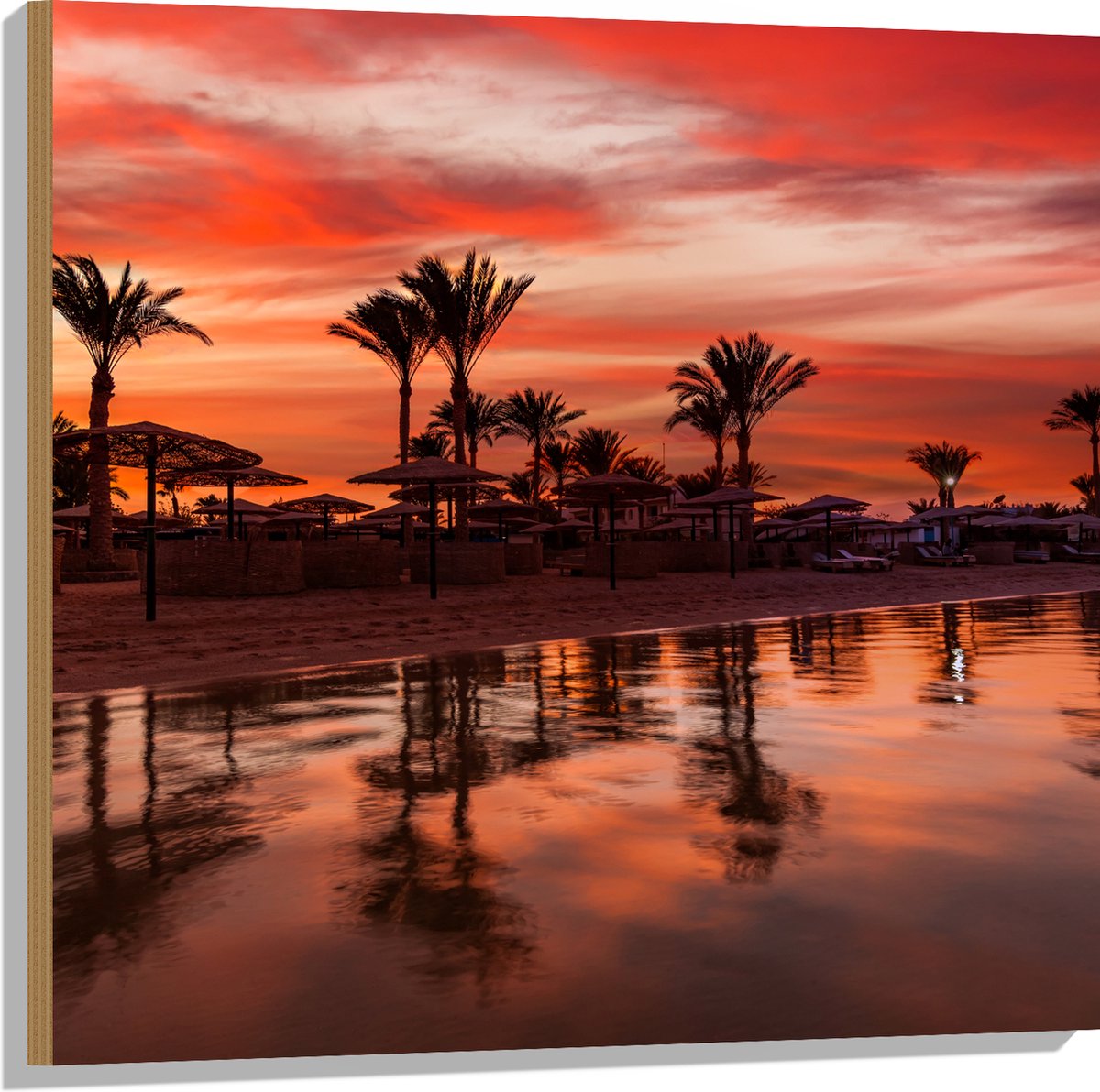 Hout - Strand - Zee - Zonsondergang - Parasols - Palmbomen - 80x80 cm - 9 mm dik - Foto op