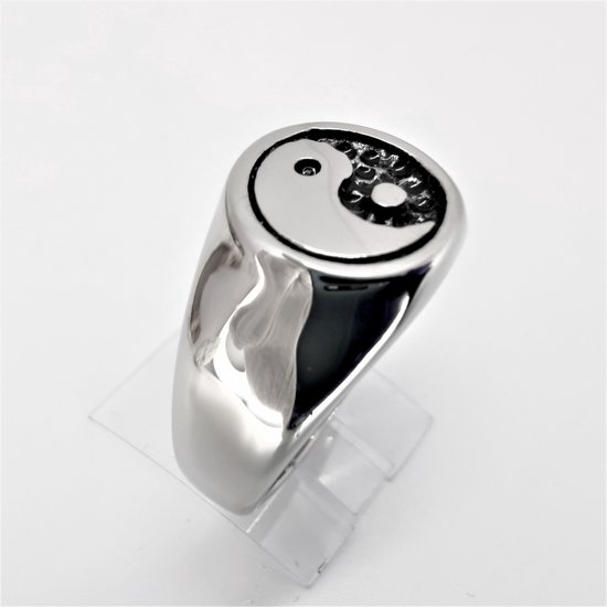RVS - Heren - zegelring - maat 22 - Yin Yang - symbool - in 3D Yin in zwart coating en Yang in zilver. - Lili 41