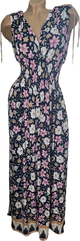 Dames maxi jurk met bloemenprint XL/XXL ( 40-44) donkerblauw/roze/wit