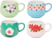 Unieke handbeschilderde bekers mok met oor in diverse kleuren met bloemen set van 4 - 300 ml