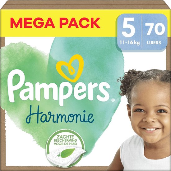 Paquet de couches Pampers Harmonie, taille 5 (11-16 kg), Mega Pack de 70 couches. Bébé joyeux sourit sur le devant.