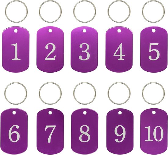 Aluminium Gegraveerde Nummerlabels Sleutelhangers - Organisatie en Identificatie van Sleutels - Set van 50 - paars Kleur - Duurzaam Materiaal - Inclusief Sleutelhangers
