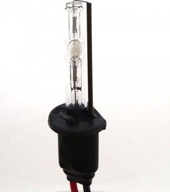 Een enkele XEOD xenon lamp met een doorzichtige glazen buis en een zwarte aansluiting.