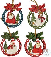 Set van 4 stuks - Houten kerstdekoraties om op te hangen - Kerstversiering - Kerst Ornament - H=7,5cm B=6,3cm - 4 assortie
