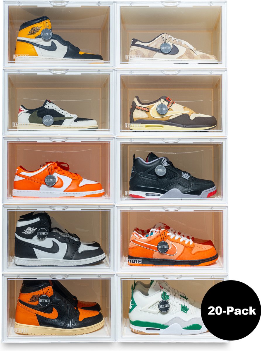 Dripbox - Sneakerbox 20-pack Wit | Sneaker Crate Wit | Sneaker Box | Schoenenopberger | Sneakerbox | Schoenenkast | Sneaker opbergsysteem | Sneakercrate | Met magnetische sluiting | Doorzichtig | White