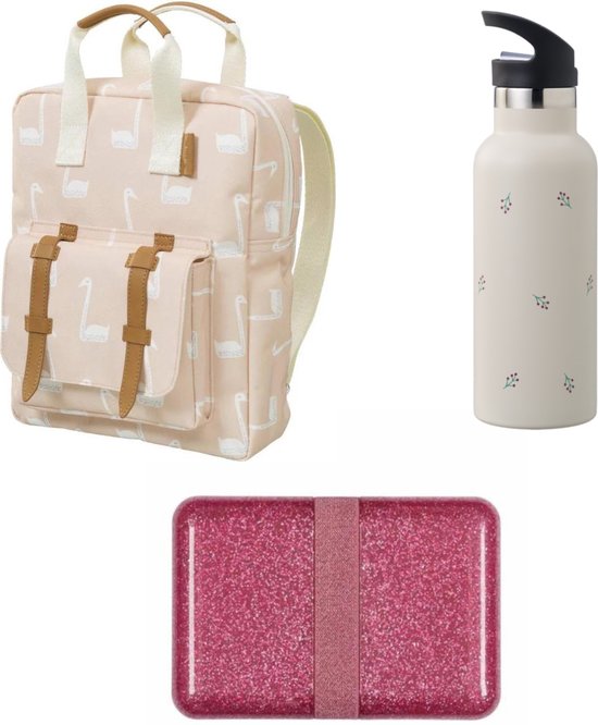 Sac à dos Fresk Swan + gourde thermos 500ml Baies + Boîte à pain ALLC rose pailleté