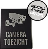 Pictogram/ bord geborsteld aluminium | "Cameratoezicht" | 19 x 25 cm | Luxe uitvoering | CCTV | Beveiliging | Camera bewaking | Videobewaking | Toezicht | Diefstal verhinderen | Preventie | Opvallend | Zwart | Dikte: 3 mm | 1 stuk