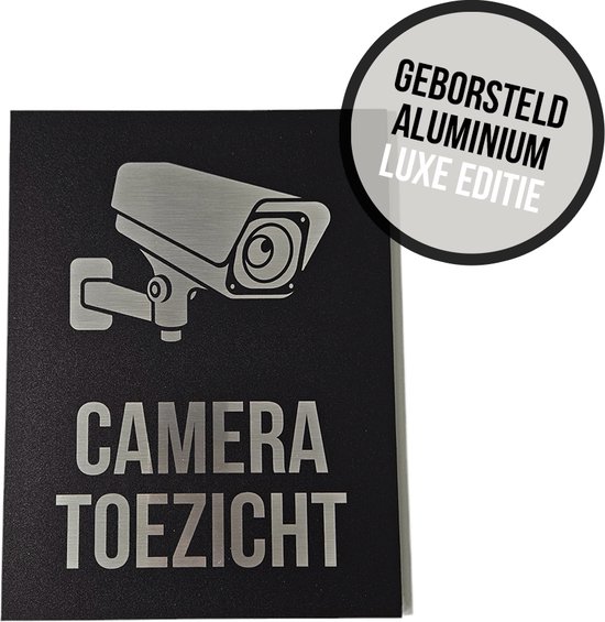 Foto: Pictogram bord geborsteld aluminium cameratoezicht 19 x 25 cm luxe uitvoering cctv beveiliging camera bewaking videobewaking toezicht diefstal verhinderen preventie opvallend zwart dikte 3 mm 1 stuk