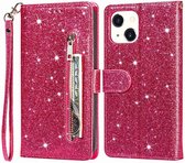 Glitter Bookcase Hoesje Geschikt voor: iPhone 14 met rits - hoesje - portemonnee hoesje - Roze - ZT Accessoires