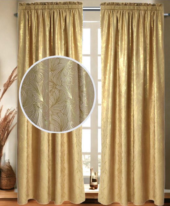 Verduisterende Gordijn van hoge kwaliteit Fluweel – Kant en klaar Goud kleur curtains met bloem ontwerp - 140x250 cm -Inclusief gordijnhaken voor Gordijnen rail + heb ook optie voor Gordijnen Buis