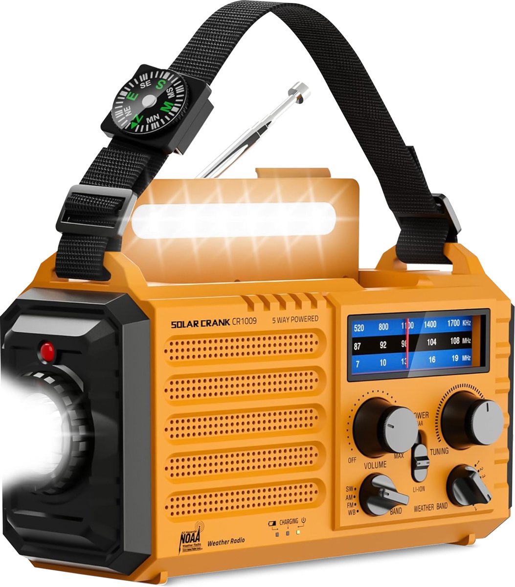 Noodradio - Radio Op Batterijen Voor Rampen - 5000 mAh oplaadbare powerbank - Led-zaklamp - USB-oplader voor mobiele telefoon - SOS-alarm - Kompas voor camping en outdoor