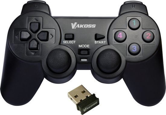 Manette sans fil Vakoss noire avec deux joysticks analogiques, une croix directionnelle, des boutons SELECT, START et MODE, et quatre boutons d'action (1, 2, 3, 4). Dongle USB inclus.