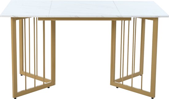 Table à manger Merax 140x80x75 cm - Table moderne aspect marbre - Table de cuisine avec Pieds réglables en métal - Wit avec or