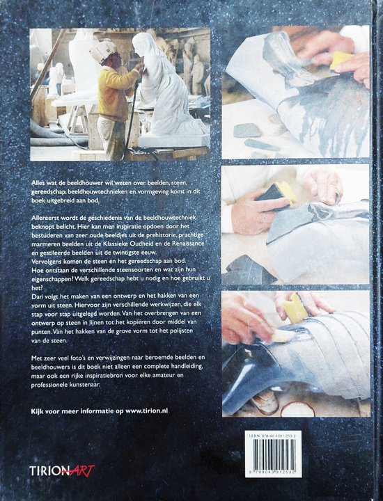 Boekomslag met tekst "Het Complete Beeldhouwboek" en afbeeldingen van beeldhouwprocessen.