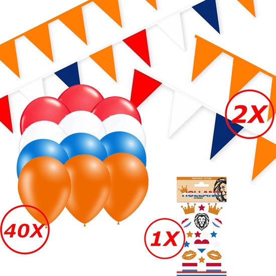 Feestpakket met 40x ballonnen in rood, wit, blauw, oranje en 2x slingers met oranje, rood, wit, blauwe vlaggetjes, 1x tijdelijke tatoeages.