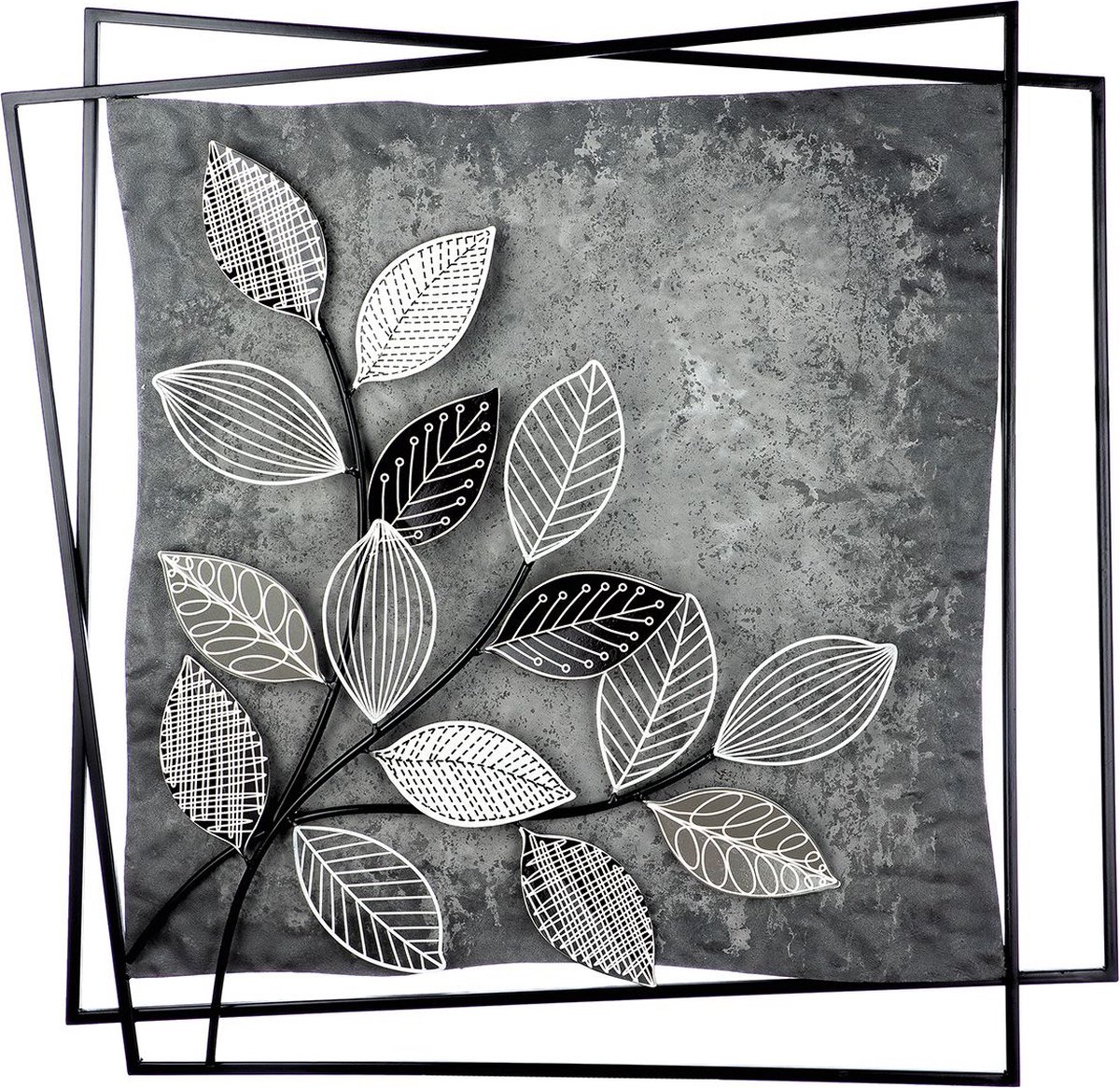 wanddecoratie bladeren met 3d vierkanten - metaal - grijstinten - 5x77x77 cm handgemaakt